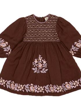 Little现货英国APOLINA FW26秋冬女童复古刺绣连衣裙甜美公主裙