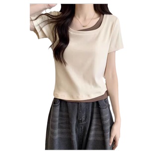 方领正肩T恤短袖女夏季修身纯棉打底小衫甜辣妹假两件短款上衣潮