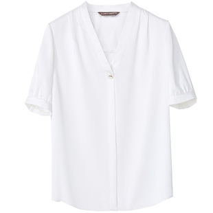 【朗姿Basic衣橱】法式短袖白色衬衫衬衣夏新款内搭v领上衣小衫女