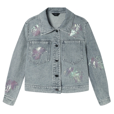 白鹿语亮片绣牛仔外套春秋新款设计感小众翻领显瘦百搭夹克上衣