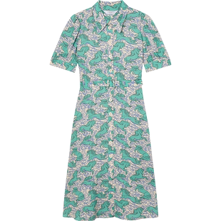 LK BENNETT绿色印花连衣裙秋新款优雅湖绿色翻领腰带连衣裙