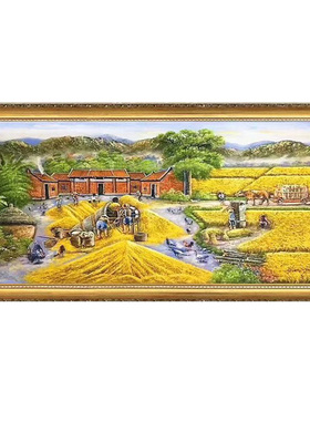 手绘稻田农家五谷丰收图风景油画