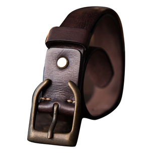 山岩 复古做旧铜扣 3.8宽4mm厚 头层牛皮 男士真皮皮带 牛仔工装