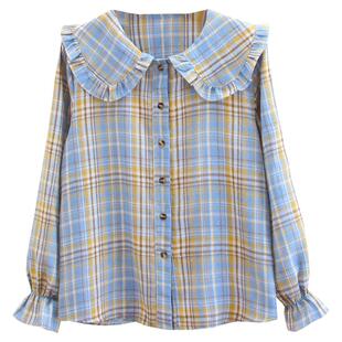 娃娃领格子衬衫女设计感小众春秋新款洋气宽松长袖法式上衣外套