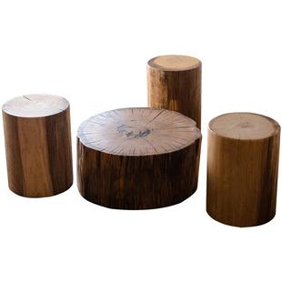 岩璞原木实木茶几文艺圆桌边几创意木墩坐凳墩子花架民宿木墩凳子
