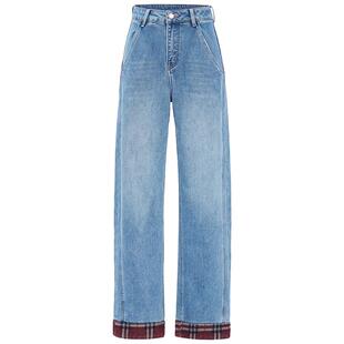 马天奴女装冬季新款蓝灰色棉质加绒牛仔裤磨白宽松直筒裤子翻边