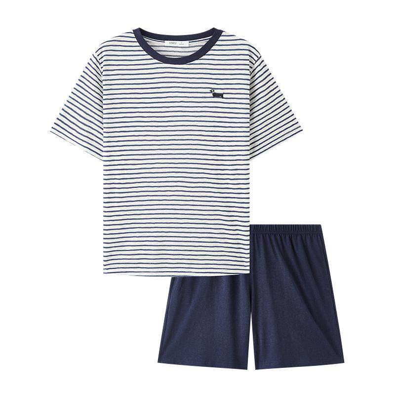三福睡衣女款春夏季条纹刺绣情侣家居服趣味宽松休闲条纹短袖套装