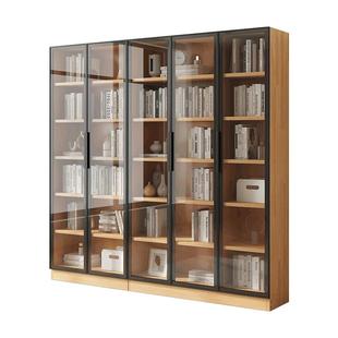 实木书柜书架带玻璃门落地置物柜家用组合多层书橱定制收纳展示柜