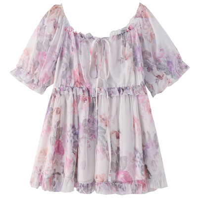 大码碎花露肩性感甜美雪纺上衣