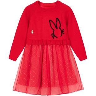 暇步士童装女宝宝针织连衣裙秋冬新款可爱网纱拼接裙红色新年裙子