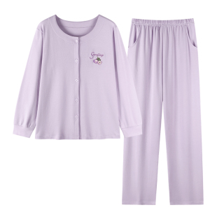 睡衣女春秋冬季纯棉长袖甜美休闲开衫圆领中年妈妈家居服两件套装