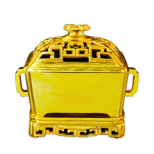 藏村铜鎏金带底戟耳长方熏炉家用桌面中式传统盘香炉雕花香薰炉