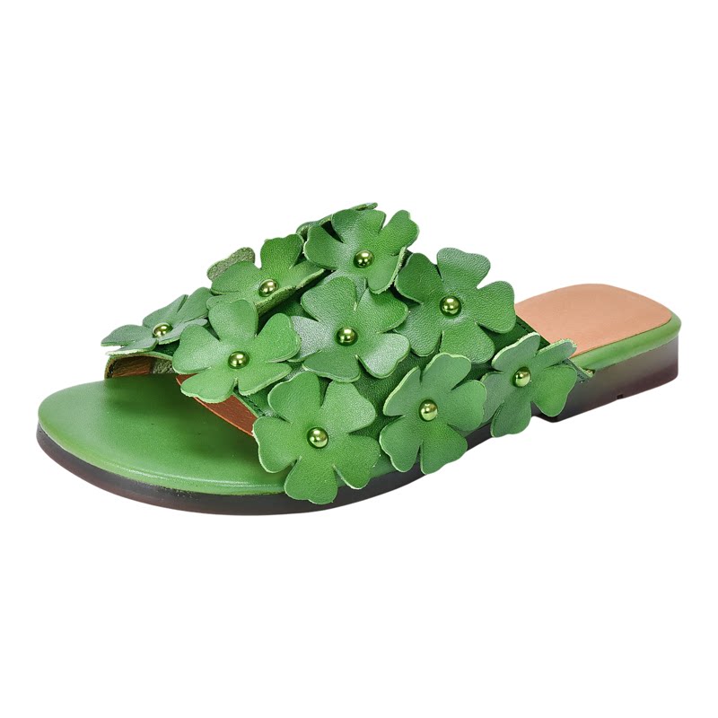 四起哥夏季真皮花朵平底一字拖女