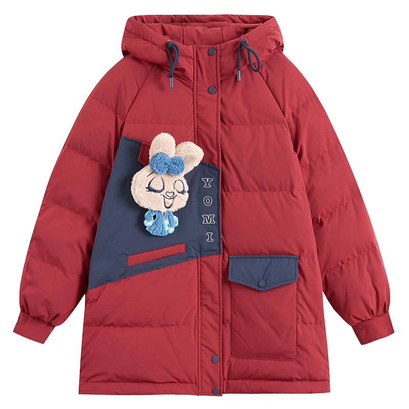 紫涵立體羊羔毛玩偶裝飾白鴨絨羽絨服女冬季新款撞色拼接羽絨外套