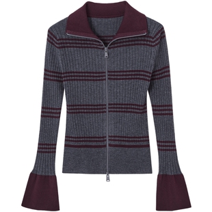 德玛纳撞色条纹拉链针织衫女春秋新款慵懒风翻领喇叭袖线衫上衣