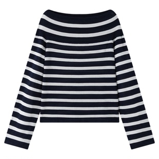 LORRAINES春新款 塞纳诗行-法式真丝天丝棉弹力条纹一字领针织衫