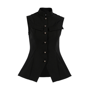 Women Tops欧美女士上衣高领无袖马甲复古百搭时尚黑色背心