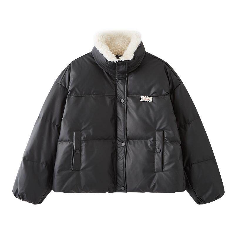 三福皮衣羽绒服2025新款冬季毛绒翻领宽松蛋白皮短外套女装844348