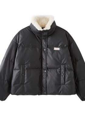 三福皮衣羽绒服2025新款冬季毛绒翻领宽松蛋白皮短外套女装844348