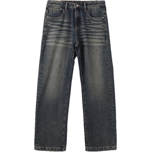 DAL 美式猫须水泥灰直筒牛仔裤男宽松水洗做旧复古垂感拖地阔腿裤