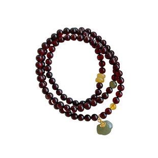 轻奢「吉祥如意」多圈天然血泊手串女款和田玉如意锁琥珀手链项链