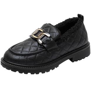 粗跟乐福鞋女冬季2025新款加绒加厚底豆豆鞋保暖棉鞋工作鞋一脚蹬