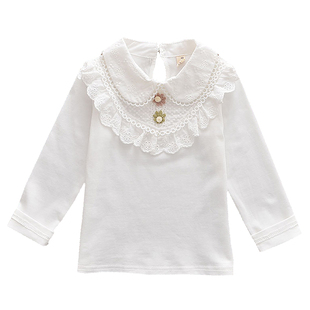女童纯棉加厚打底衫儿童立领大花边弹力加绒长袖T恤衫女孩衬衫新