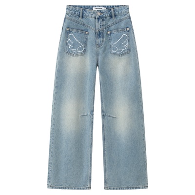 CLIMAX VISION烫珠翅膀反口袋错位结构做旧水洗阔腿直筒牛仔裤女