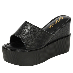 2025新品韩版女夏室外超高跟松糕厚底增高防水台一字露趾鱼嘴拖鞋