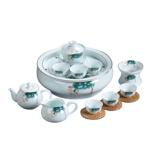 影青彩荷茶具套装带托盘欧式陶瓷描金轻奢冲泡茶功夫茶具家用简约