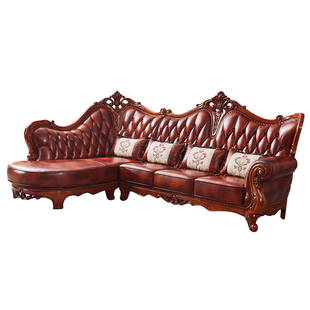 欧式L型沙发 美式别墅全实木雕花水性漆真皮客厅转角贵妃组合沙发