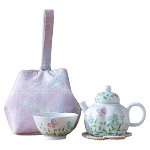 画续手绘春韵南瓜壶旅行茶具套装一壶一杯快客杯泡茶壶便携茶具