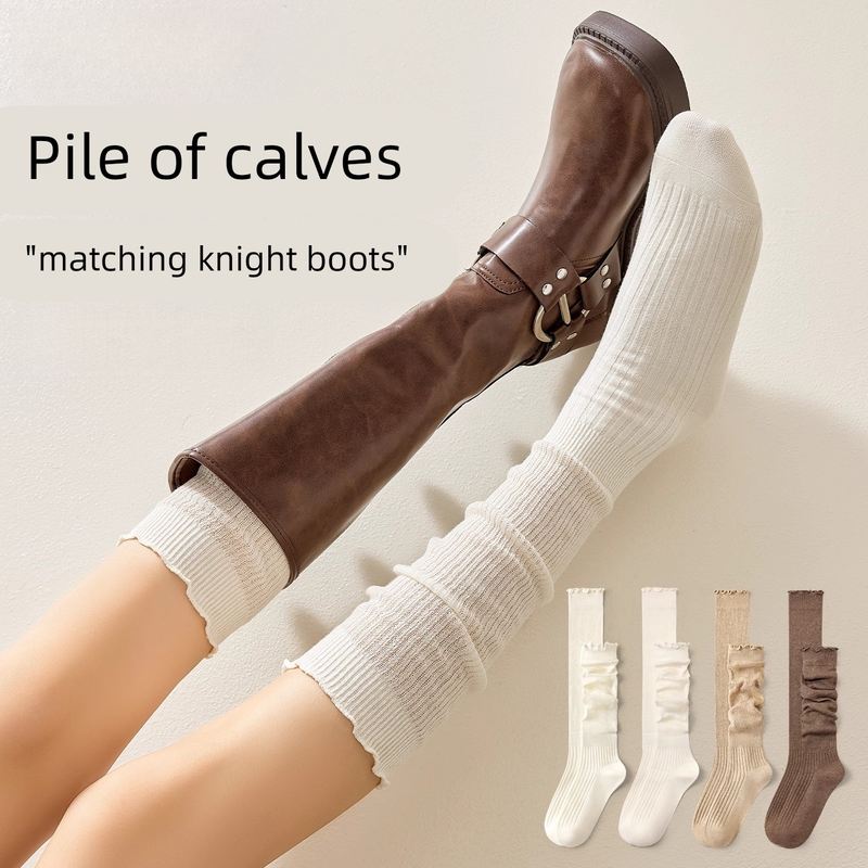 小腿袜子女春秋纯棉中筒袜显瘦花边jk袜白色堆堆袜搭配靴子长筒袜