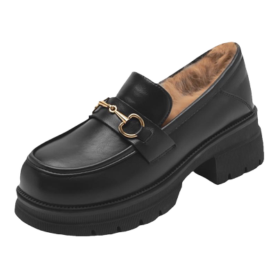 皮鞋达芙妮长毛绒金属扣粗跟