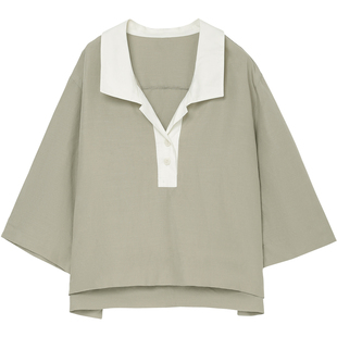 无谓七分袖半开衫天丝亚麻衬衫2025夏季新款女装设计感撞色衬衣女