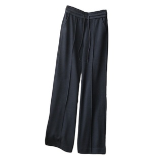 穿出拉风大长腿！中缝踏筋抽绳松紧腰磨毛直筒微喇长裤休闲裤冬女