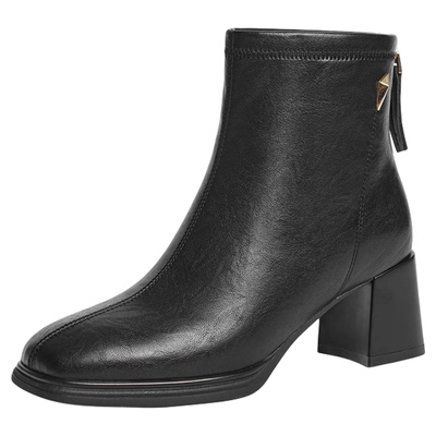 红蜻蜓黑色气质高跟短靴加绒皮鞋