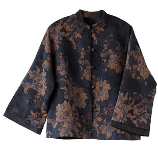 奂墨原创 中国风真丝绢纺香云纱棉衣 轻中式对襟棉服夹棉女春秋冬