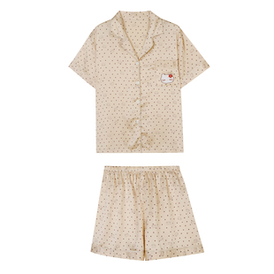 馨帮帮Homedress 可爱猫咪波点睡衣女夏季冰丝开衫短袖家居服套装