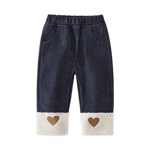 女童加绒一体绒牛仔裤儿童冬装直筒裤小童冬季保暖长裤女宝宝裤子