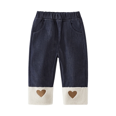 女童加绒一体绒牛仔裤儿童秋冬直筒裤小童冬季长裤女宝宝秋季裤子