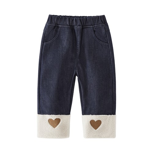 女童加绒牛仔裤儿童秋冬直筒裤小童冬季时髦爱心长裤宝宝加厚裤子