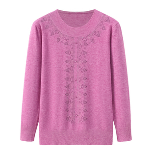 妈妈装秋季新款纯色大码套头针织上衣中老年女装时尚圆领镶钻毛衣