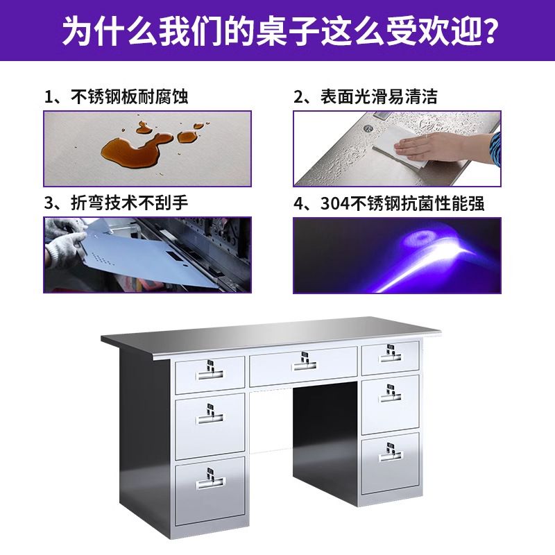 304不锈钢办公桌办公室电脑桌工厂车间书桌带抽屉工作台收银台