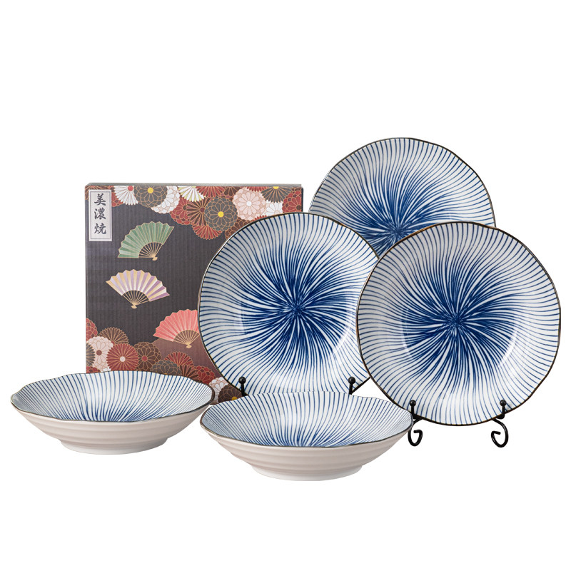 美浓烧日本进口陶瓷家用餐具蓝白釉下彩餐盘五件套礼盒装