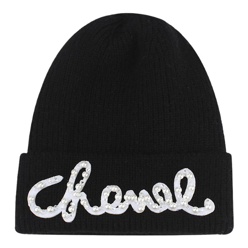 法国C家含羊绒2021早秋新款小香风帽子珍珠LOGO针织毛线帽冷帽潮