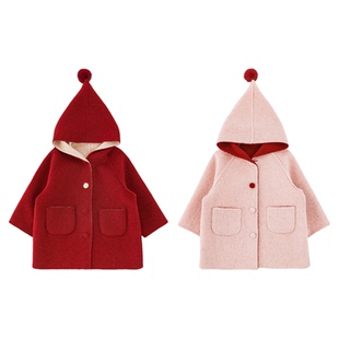 幼悠女童2025冬季新款正反两穿羊毛呢大衣连帽保暖外套女孩拜年服