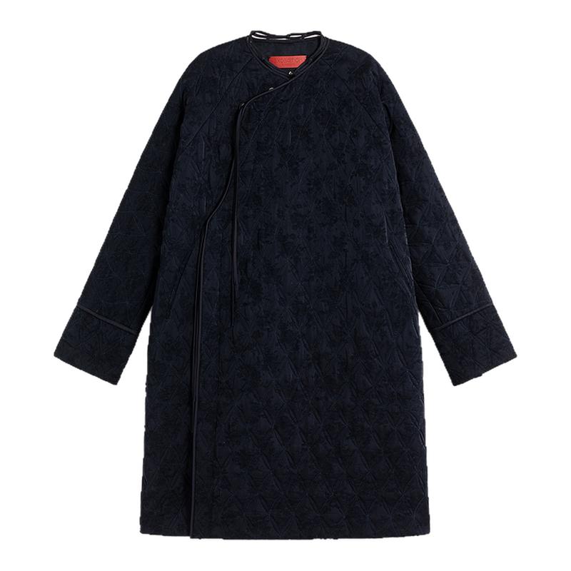 例外春季棉服女绣花立领斜襟直筒