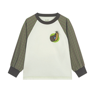 马拉丁儿童T恤26春装新款女小童撞色格子插肩袖舒爽棉长袖T恤