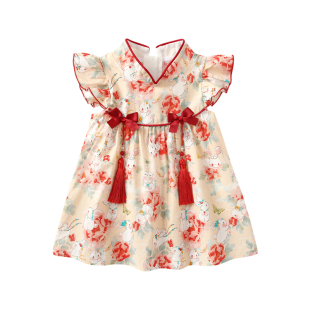 周岁女宝宝礼服连衣裙夏季婴儿衣服女宝公主裙百天抓周红色旗袍裙